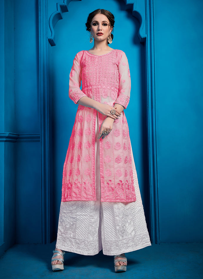 Pink Color Georgette Base Resham Work Palazzo Salwar Suit