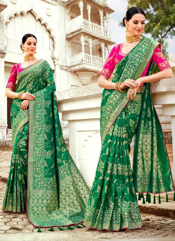 blissful basil green colored silk weave wedding wear saree
