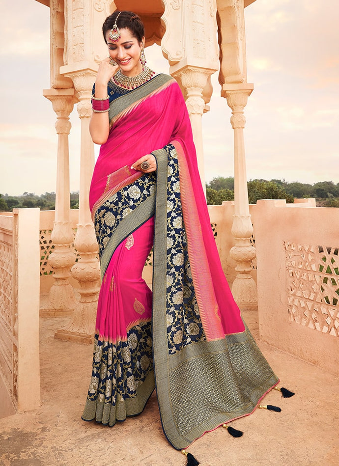 mesmerizing hot pink colored weddingwear silk weave saree