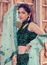 Load image into Gallery viewer, Buy Dashing black color lehenga with turquoise blue dupatta
