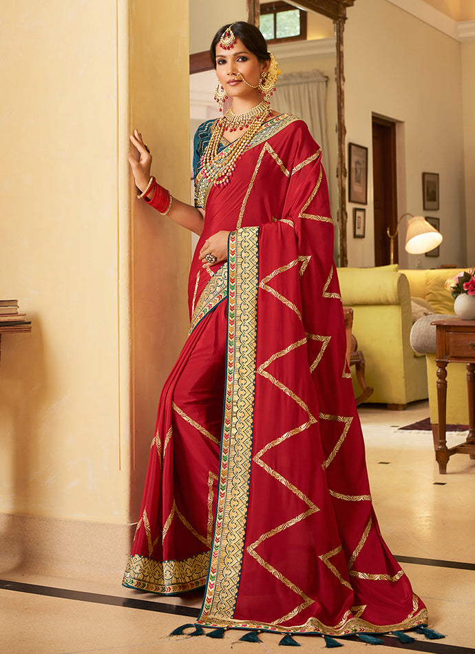 Red Color Silk Material Silk Weave Saree With Lace Work