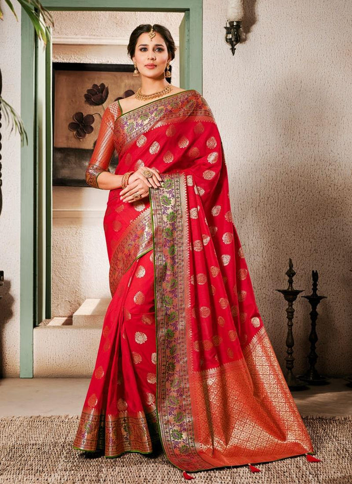 classy wedding wear red colored silk weave saree