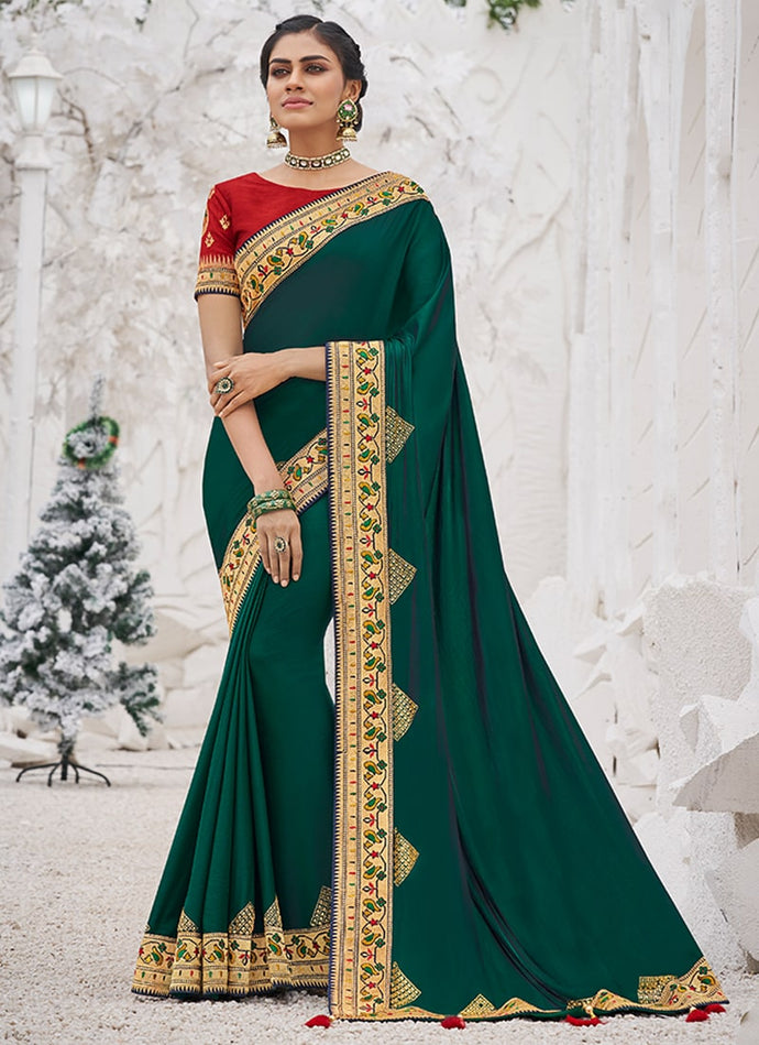 fabulous green colored weddingwear silk weave saree