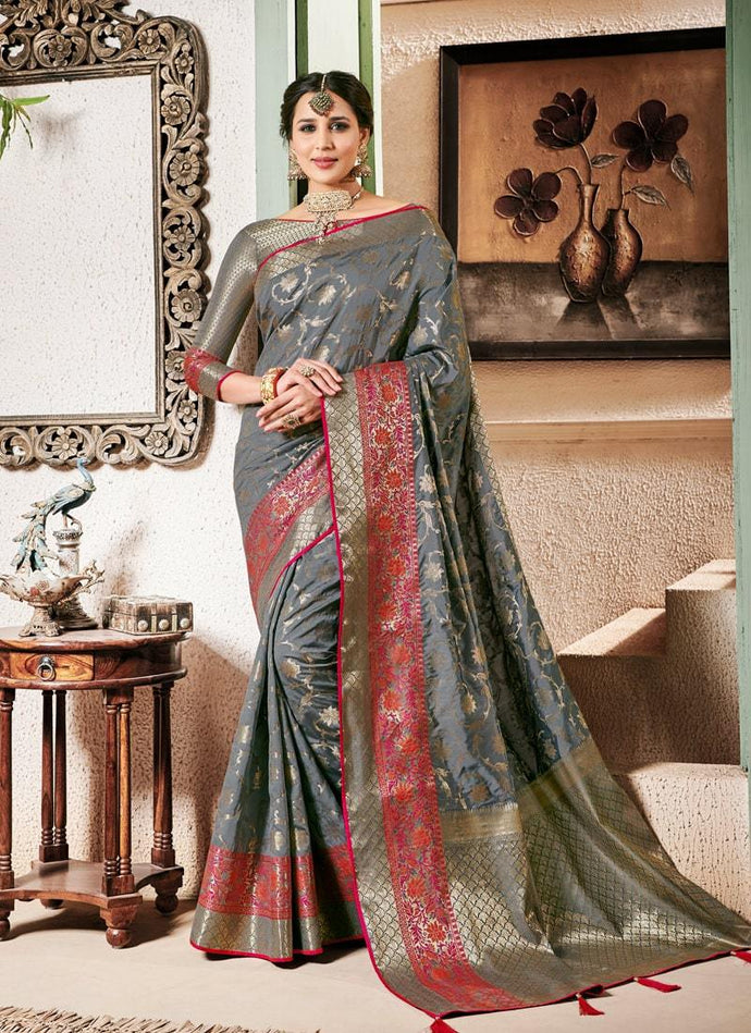 elegant wedding wear grey colored silk weave saree