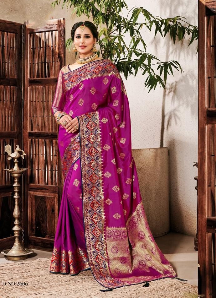 passionate purple colored wedding wear silk weave saree