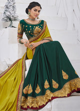 Load image into Gallery viewer, Buy mustard yellow and green multi colored partywear silk base saree
