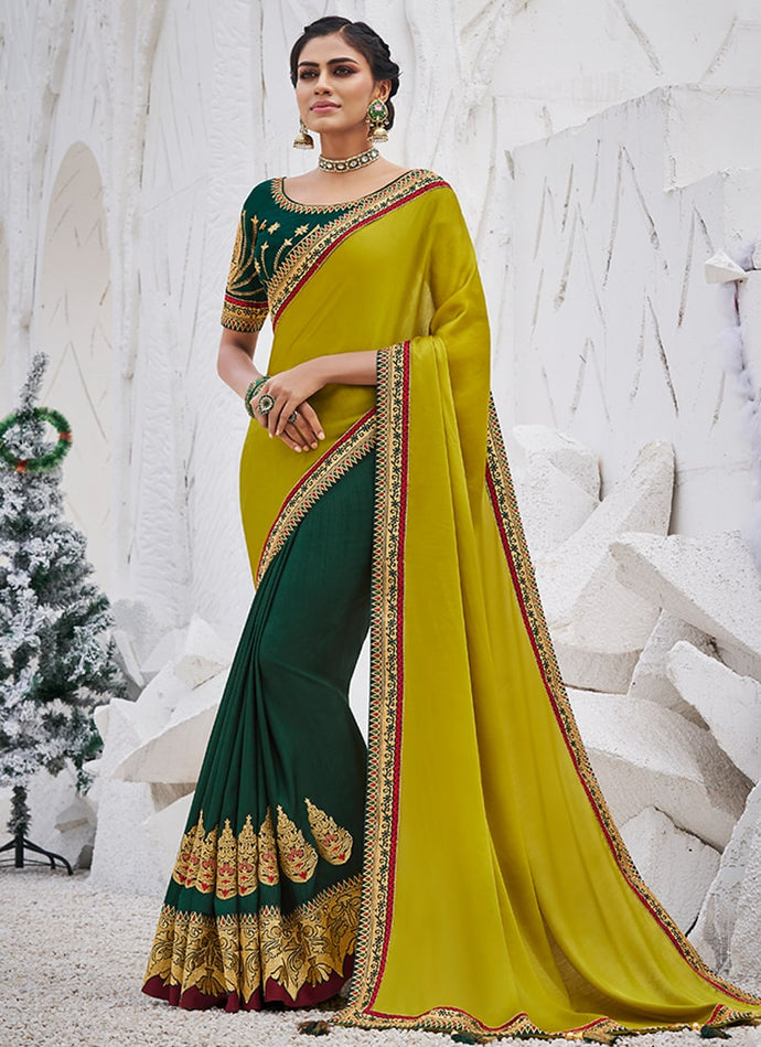 Mustard yellow and green multi colored partywear silk base saree
