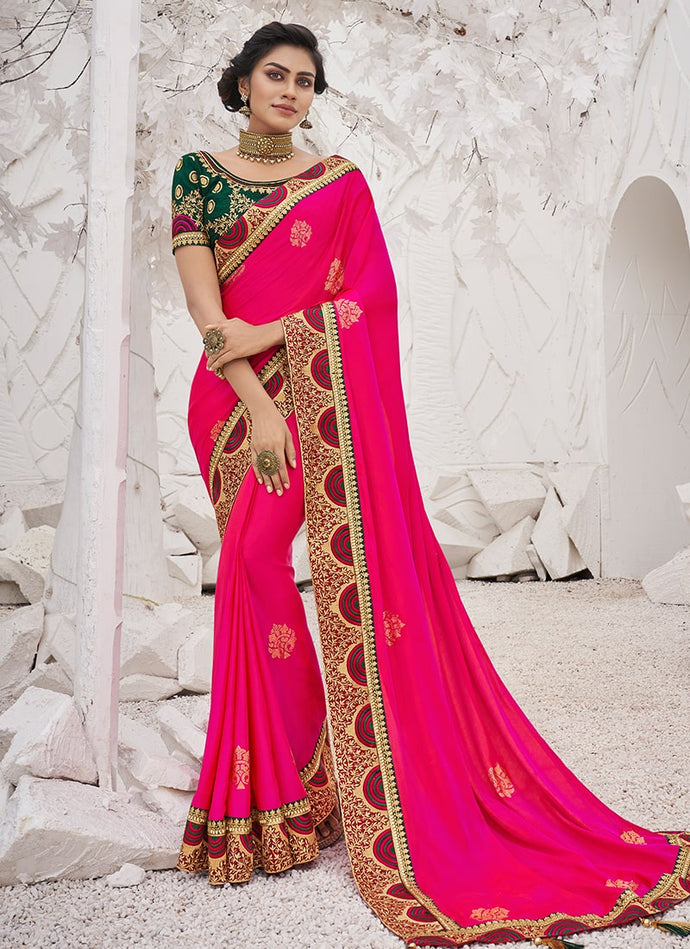 desiring pink colored partywear silk base saree