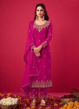 Load image into Gallery viewer, Scoop neck Deep Pink color Georgette base Stone work Pant style suit

