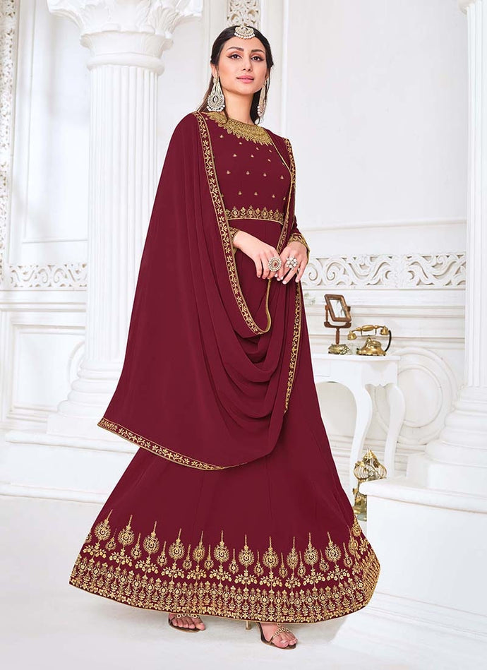 buy Maroon Color Zari Work Georgette Fabric Anarkali Salwar Suit