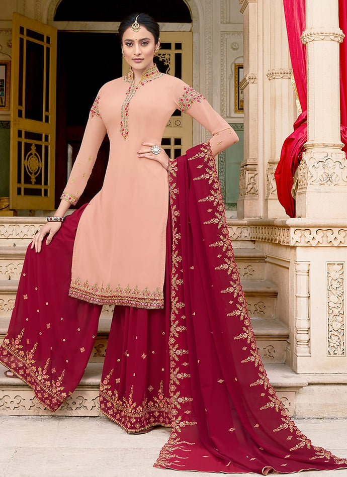 Soft peach partywear traditional look palazzo suit