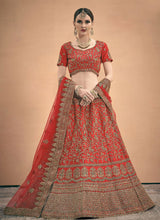 Load image into Gallery viewer, Coral Red colored Soft Net base heavy work Lehenga Choli
