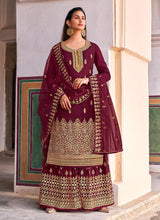 Load image into Gallery viewer, Maroon Color Jacquard Silk Fabric Zari Work Palazzo Salwar Suit
