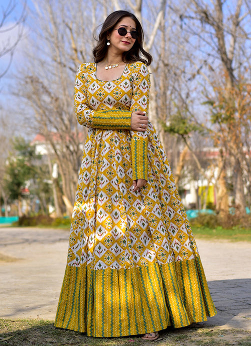 Mustard Yellow Color V-Neckline Full Sleeves Digital Printed Gown