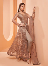 Load image into Gallery viewer, shop Brown Color Soft Net Base Thread Work Slit-Cut Salwar Suit
