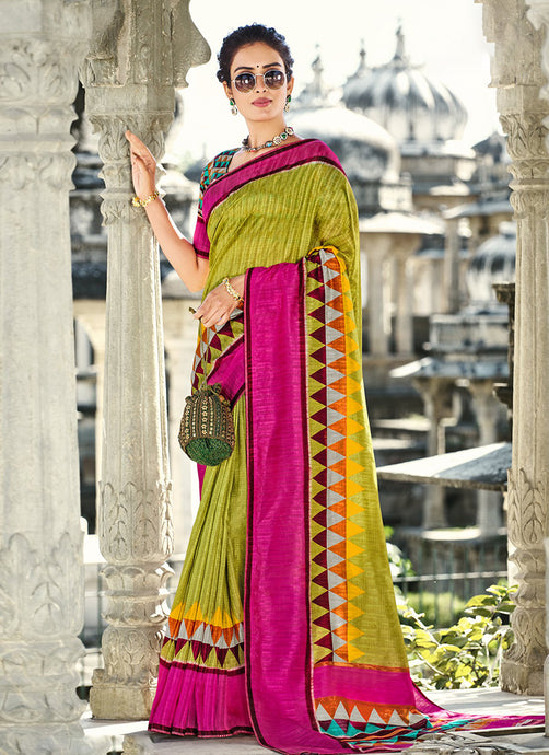 Light Green Color Silk Weave Textured Patterned Classic Half Sleeves Saree
