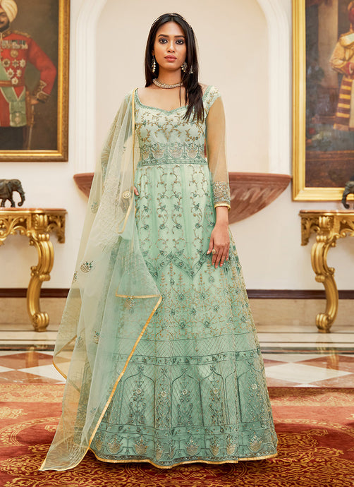 Turquoise Color Soft Net Base Dori And Thread Work Gown