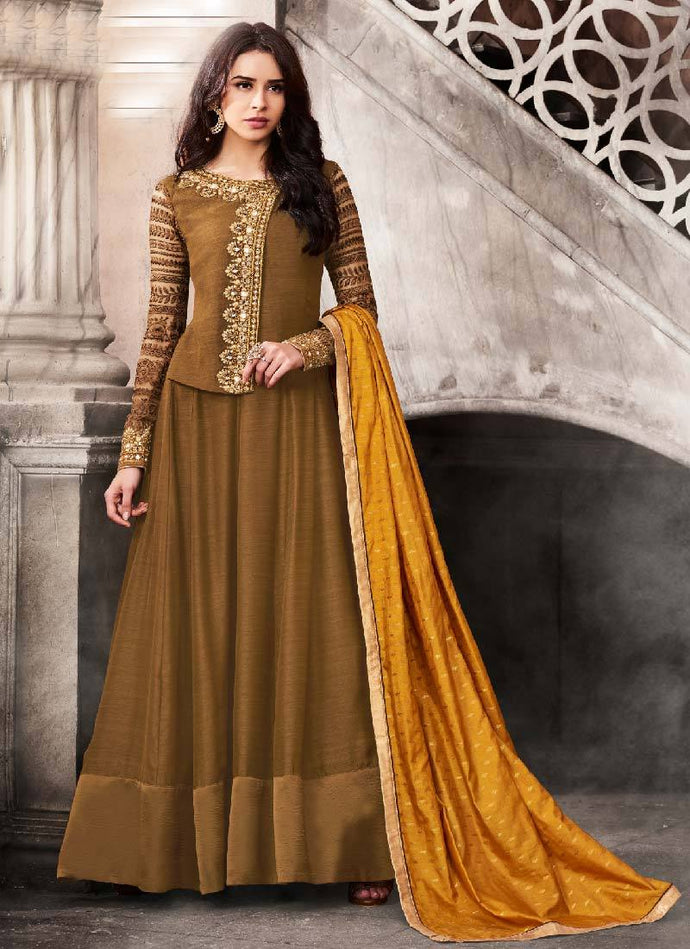 classy brown color satin base heavy border work gown