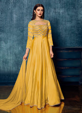 Load image into Gallery viewer, Yellow Color Satin Material Mirror Work Partywear Gown
