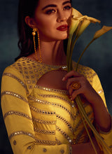 Load image into Gallery viewer, purchase Yellow Color Satin Material Mirror Work Partywear Gown
