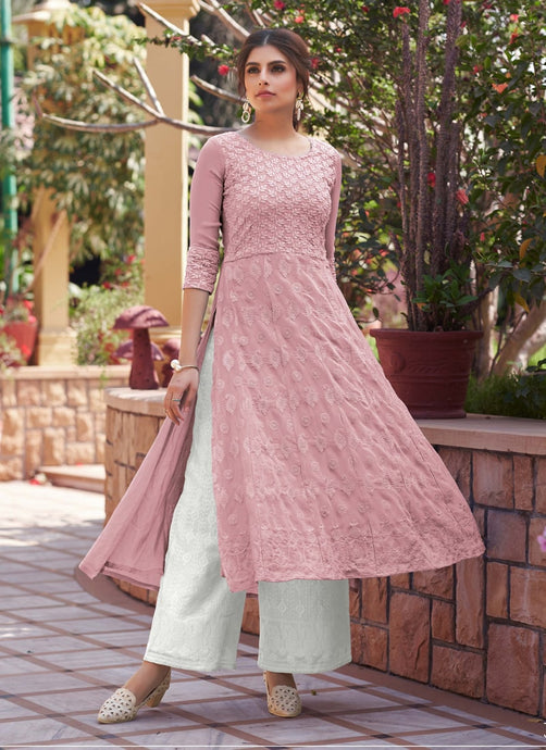 Pink color Georgette base 3/4th sleeves Lucknowi work Salwar kameez