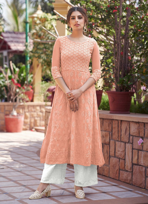 Peach color Lucknowi work Georgette fabric Pant Style Salwar suit