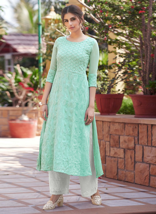 Sea Green color Georgette base Lucknowi work Pant Style Salwar suit