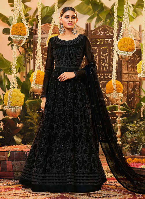 Soft Net Base Black Gown With Embroidered Work