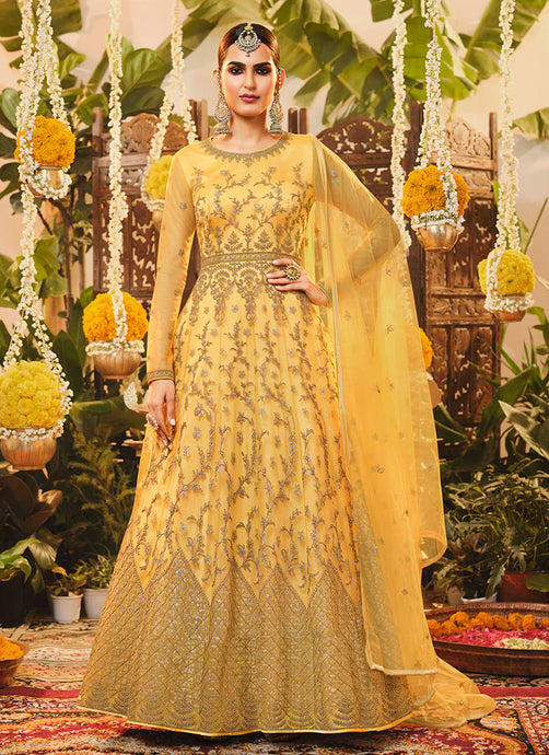 Heavy Embroidered Yellow Gown With Dupatta