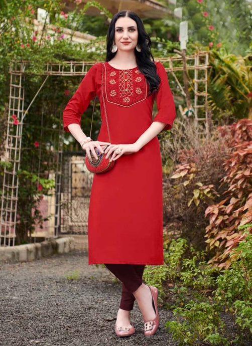 Alluring Cotton base Red color 3/4th sleeves Office wear Long Kurti