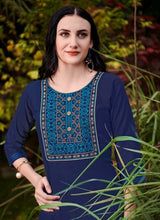 Load image into Gallery viewer, buy Attractive Navy Blue color Cotton base round neck Simple Kurti
