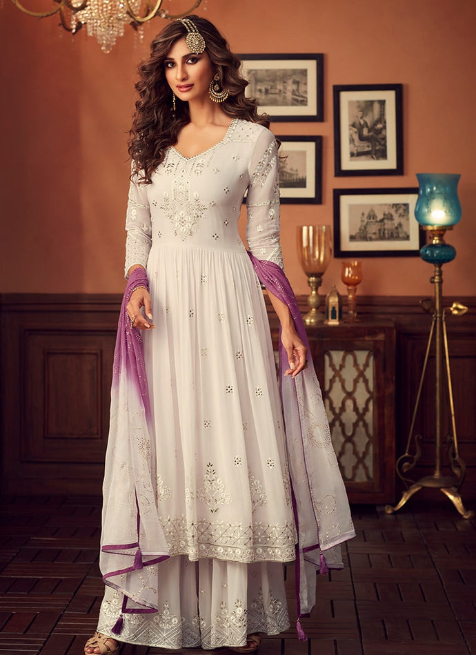 purple and white dupatta traditional partywear palazzo suit