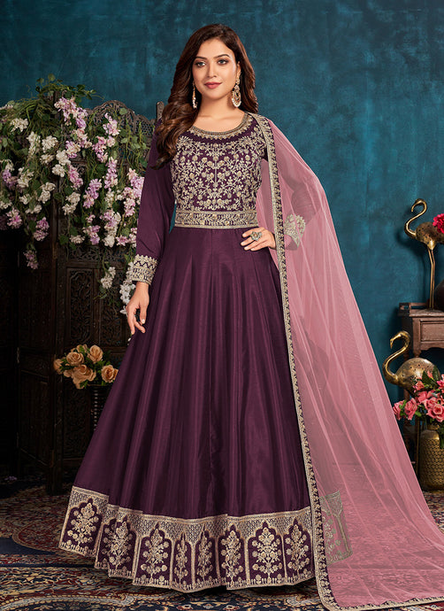 Purple Color Silk Fabric Dori And Sequins Work Gown