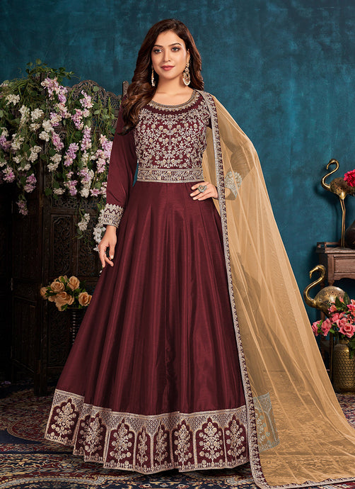 Maroon Color Silk Fabric Dori And Sequins Work Gown