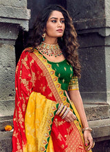 Load image into Gallery viewer, buy stylish yellow and green colored stone work silk weave lehenga choli
