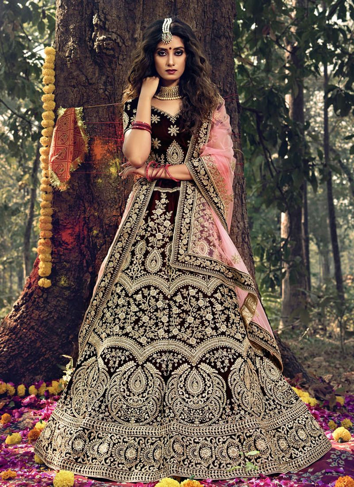 Bridal Look Maroon Color Velvet Base With Stone And Dori Work Lehenga Choli Set