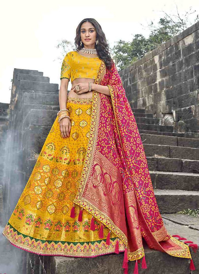 stunning silk weave multicolored Zari work lehenga choli
