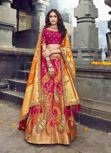 Load image into Gallery viewer, spectacular silk base embroidered pink and gold colored lehenga choli
