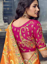 Load image into Gallery viewer, Online spectacular silk base embroidered pink and gold colored lehenga choli
