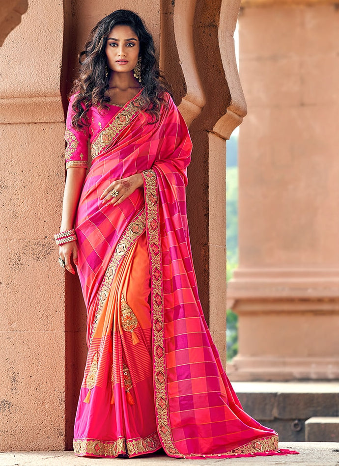 presenting decent pink colored with embroidered blouse silk base saree