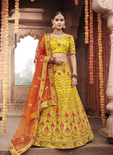 Load image into Gallery viewer, bridesmaid yellow embroidery work lehenga choli
