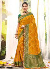 Load image into Gallery viewer, Mustard Yellow color Silk base Resham work Silk weave Lace border Saree
