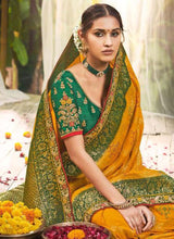 Load image into Gallery viewer, buy Mustard Yellow color Silk base Resham work Silk weave Lace border Saree
