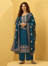 Load image into Gallery viewer, Teal Blue Color Georgette Base Stone Work Pant Style Salwar Suit
