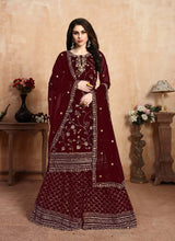 Load image into Gallery viewer, fashionable Maroon Color Georgette base zari work sharara salwar suit
