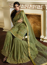 Load image into Gallery viewer, majestic green georgette base dori and zari work flared sharara suit
