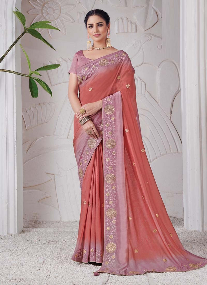 Appealing Look Dark Pink Color Silk Material Embroidered Saree