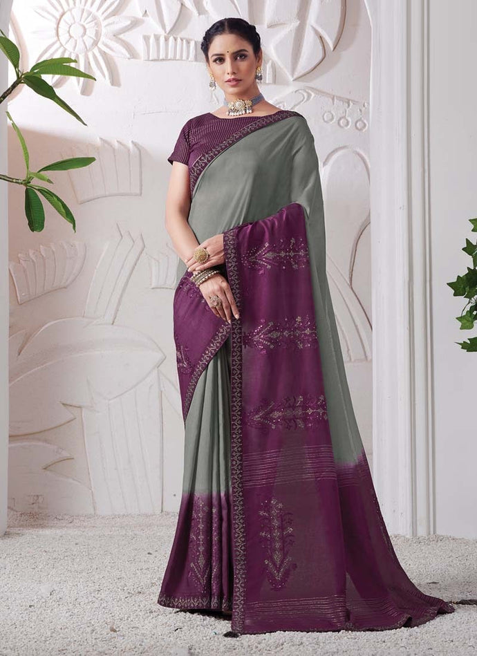 Grey And Purple Color Silk Fabric Thread Work Embroidered Saree