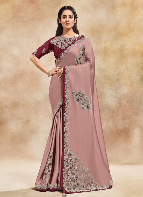 Elbow Sleeves Boat Neckline Fancy Blouse With Pink Color Saree