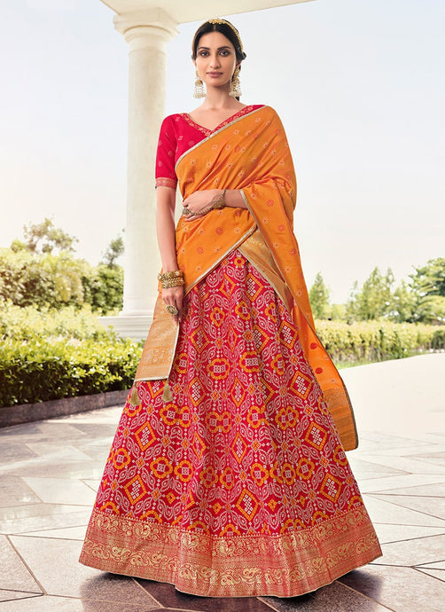 Red Color Silk Base Banarasi Lehenga Choli With Contrast Dupatta